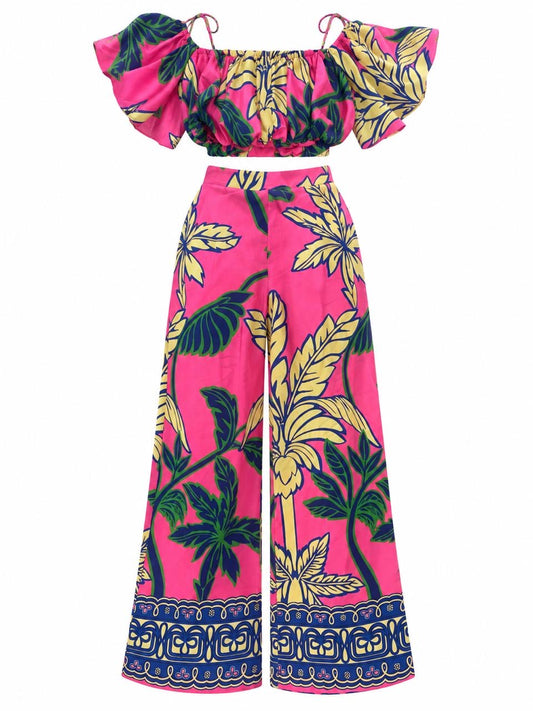 TROPICAL PRINT CROP TOP & PANTS SET