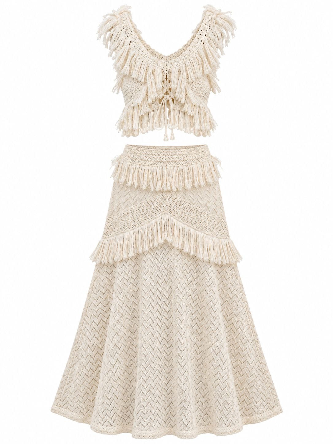 BEIGE FRINGE CROCHET TWO-PIECE SET