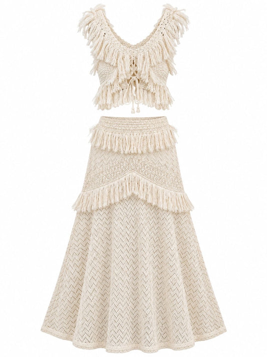 BEIGE FRINGE CROCHET TWO-PIECE SET